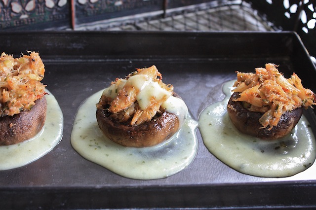 Crabmeat Stuffed Mushrooms with Blender Hollandaise